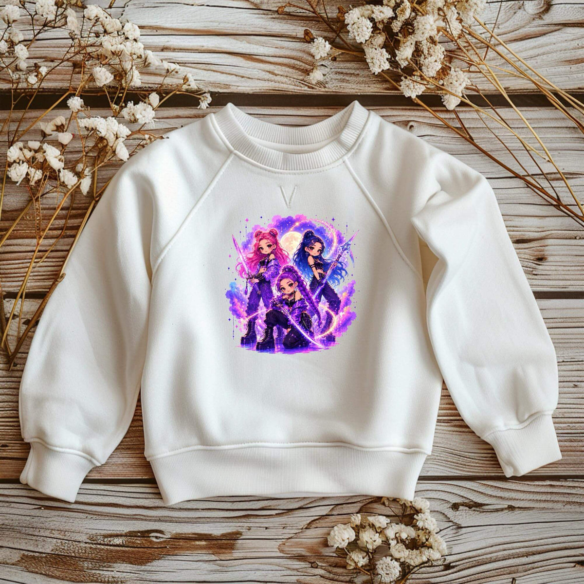 Weißer Kinder-Sweatshirt mit DTF Bügelbild drei Kriegerinnen vor Vollmond, Fantasy Bügelmotiv 18x17 cm