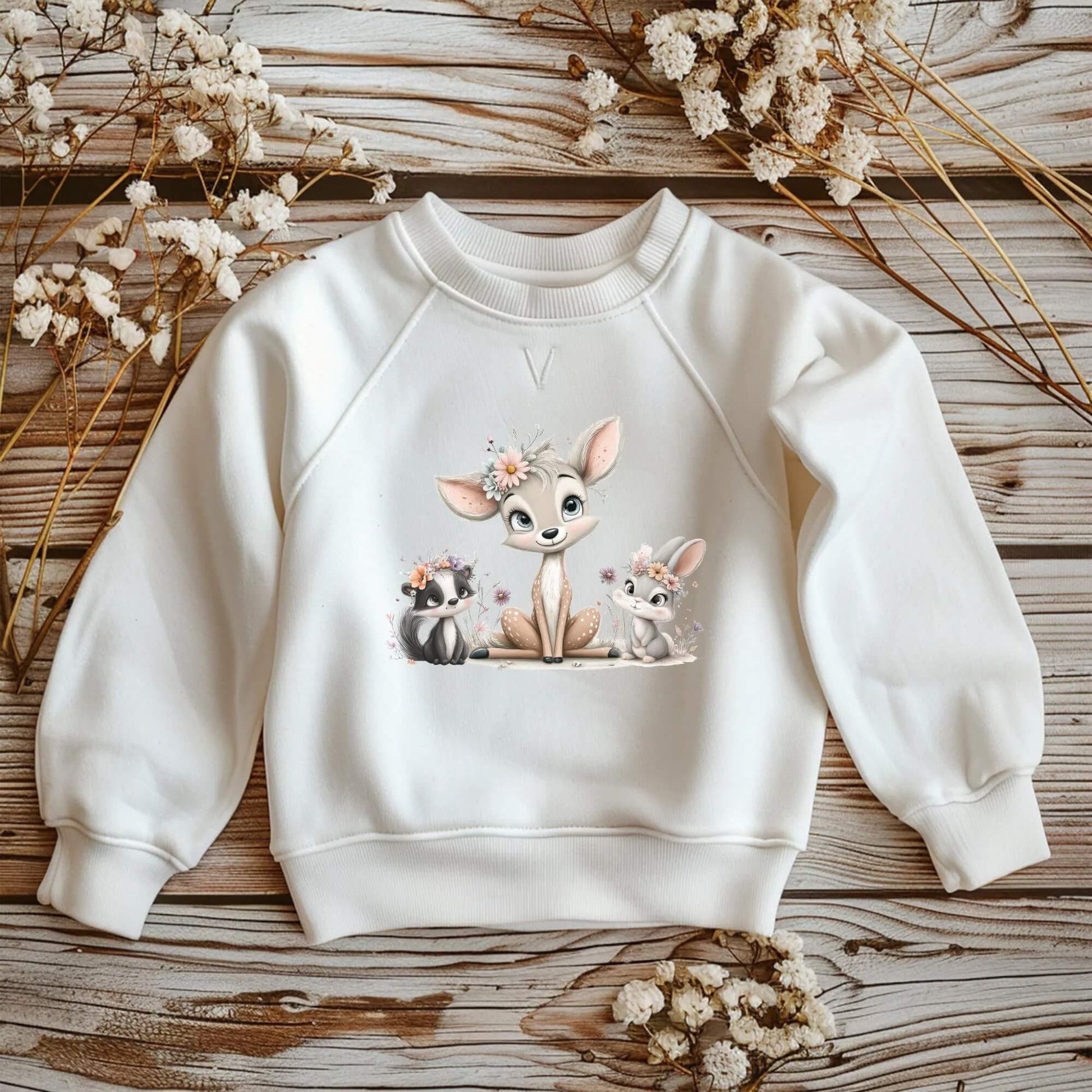 Kinder Sweatshirt Waldtiere Bügelbild DTF Reh Hase Stinktier
