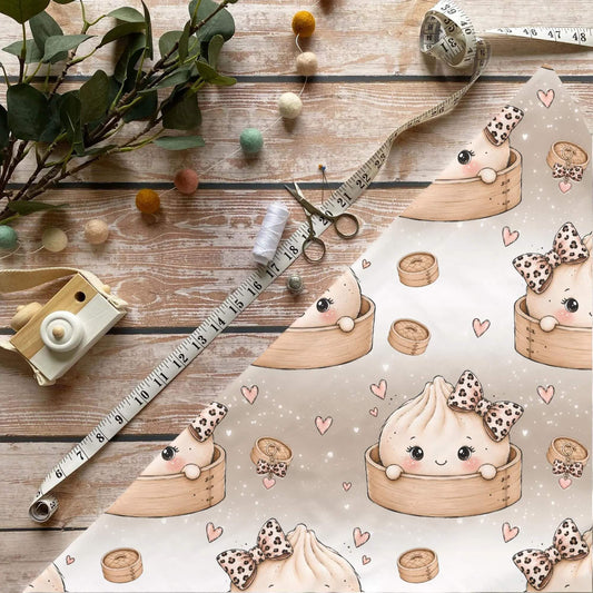 Leo Dumli Kinderstoff Meterware mit Kawaii Dumpling und Leo-Schleife Motiv, OEKO-TEX 100 Jersey Stoff für Baby- und Kindermode