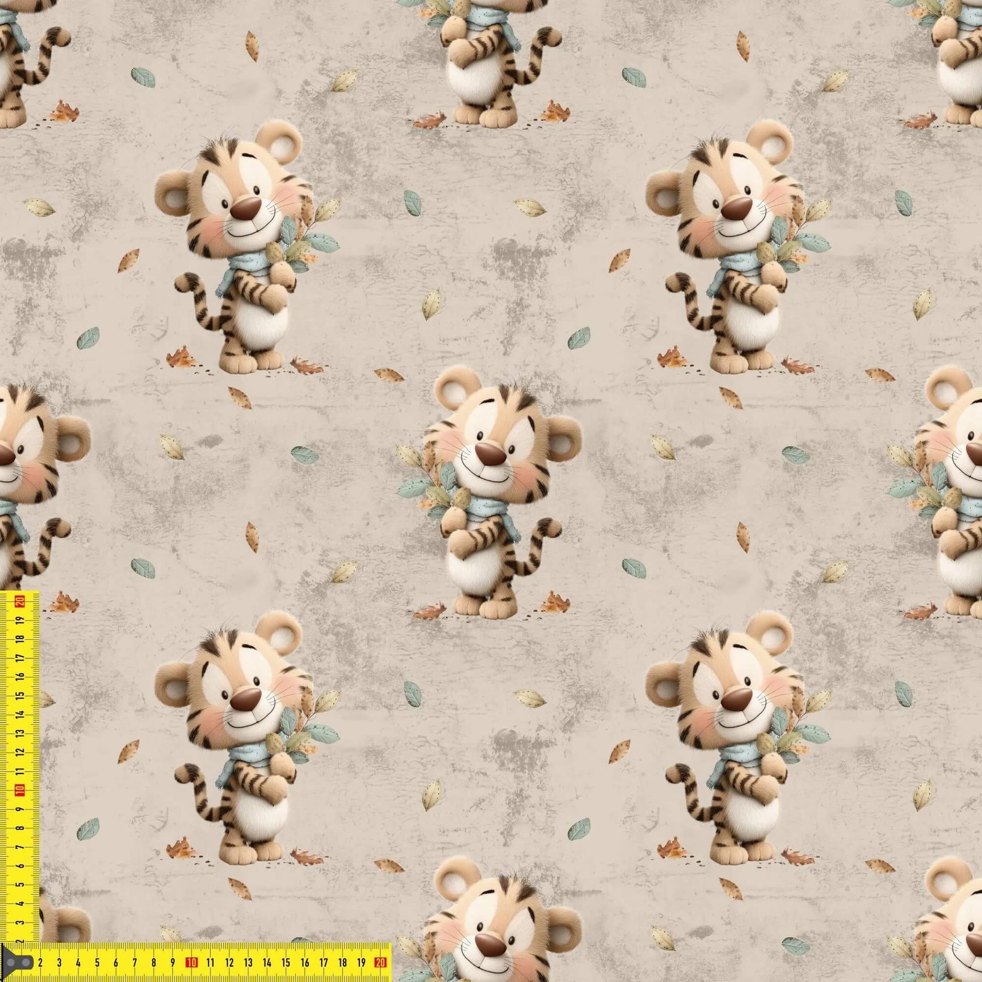 Kinderstoff Herbstlicher Tiger Rib Jersey Lagerware mit süßem Tiger Motiv für Babykleidung und Kinderkleidung
