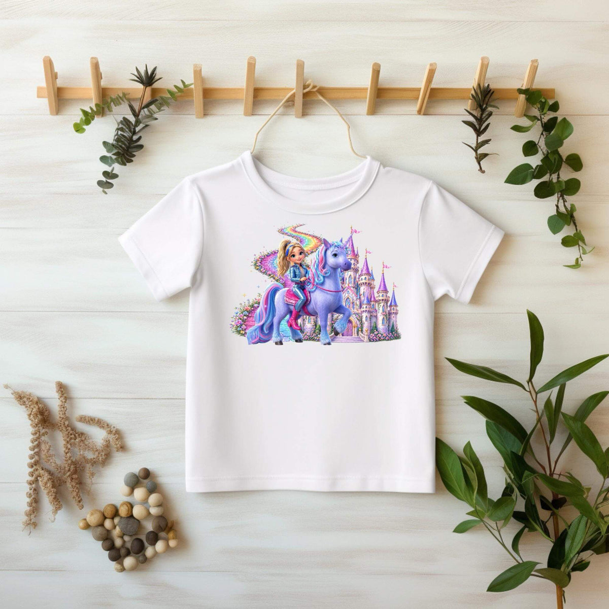 Nahaufnahme DTF Bügelbild Einhorn mit Regenbogenmähne und Mädchen in glitzernder Rüstung