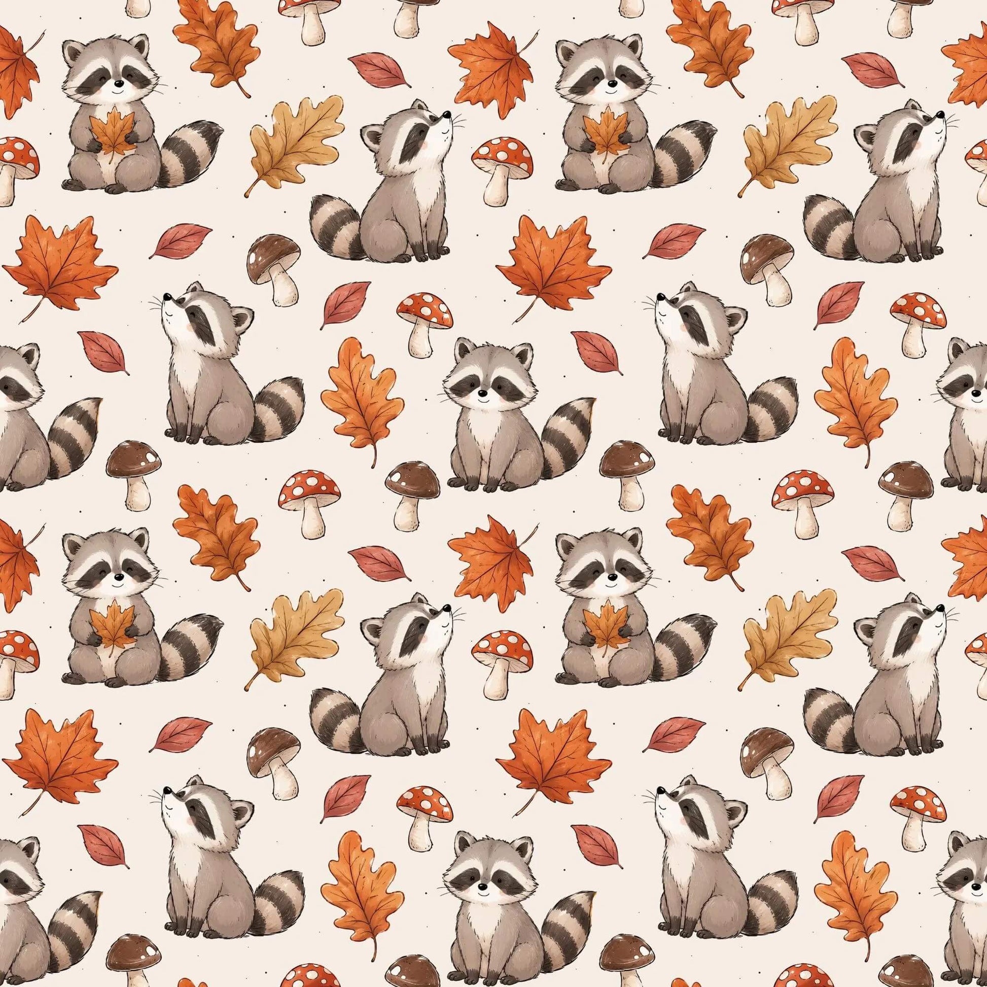 Stoff Meterware Waschbär Herbstmotiv mit Blättern und Pilzen für Nähprojekte
