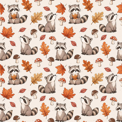Stoff Meterware Waschbär Herbstmotiv mit Blättern und Pilzen für Nähprojekte
