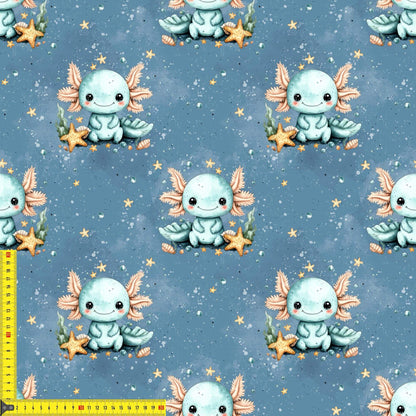Kinderstoff Kleiner Wasserfreund mit Axolotl Seesternen Muscheln und Wasserblasen
