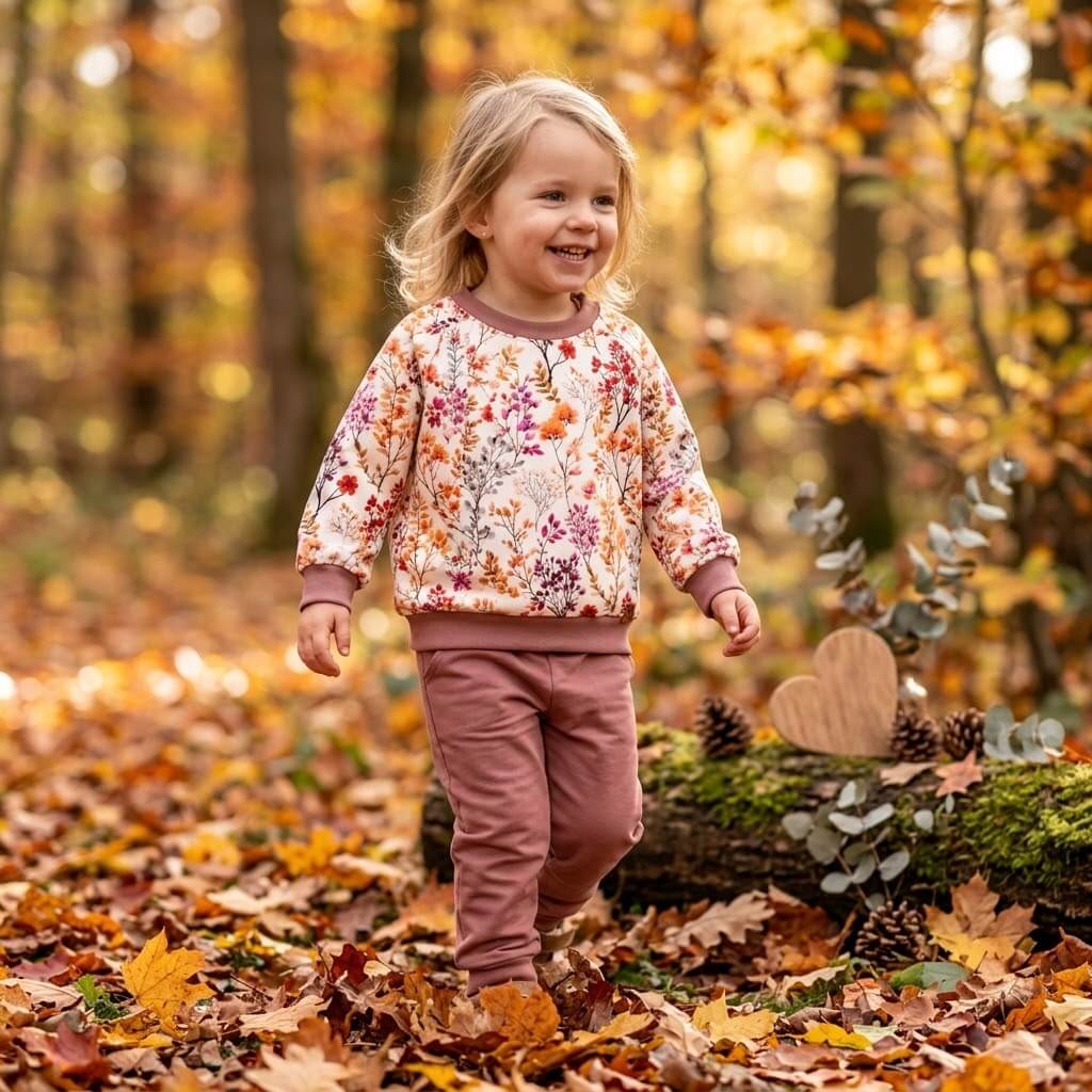 Kinderstoff Bunte Herbstzweige Mädchen Laubwald Spaziergang