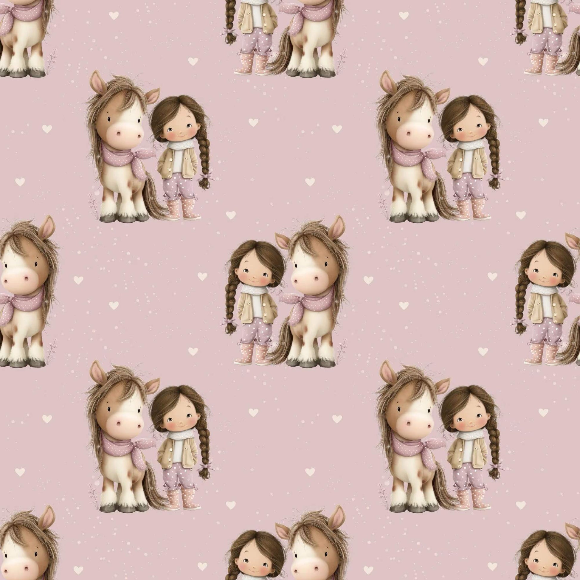 Baumwollstoff mit Pferdemädchen auf rosa Hintergrund – Meterware für kreative Nähideen