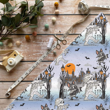 Mumiennacht Kinderstoff Meterware mit Mumie und Fledermaus Motiv bei Vollmond, OEKO-TEX 100 Jersey Halloweenstoff für Baby- und Kindermode
