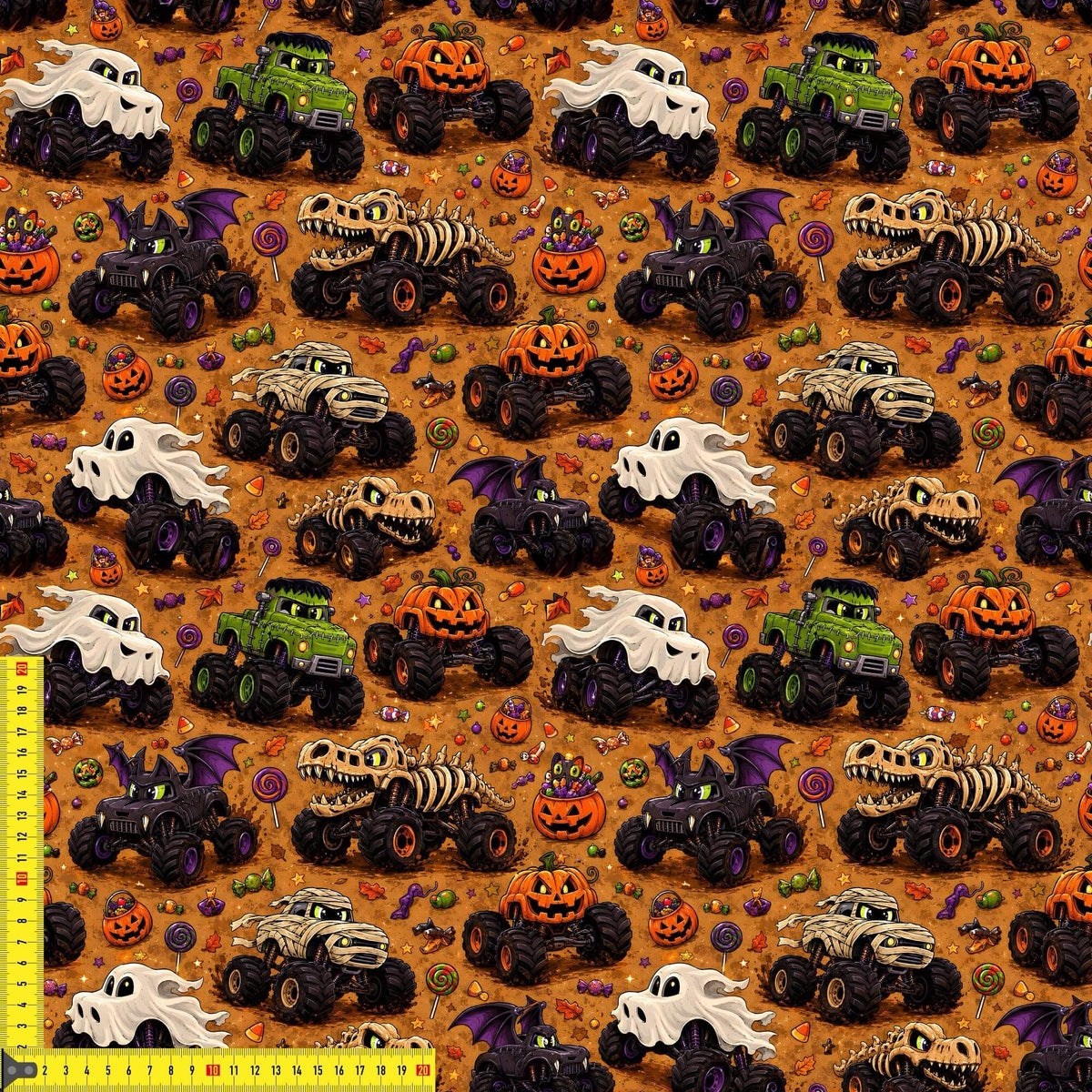 Spooky Monster Trucks Stoffdetail mit Maßband Nahaufnahme