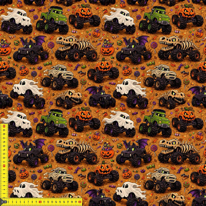 Spooky Monster Trucks Stoffdetail mit Maßband Nahaufnahme