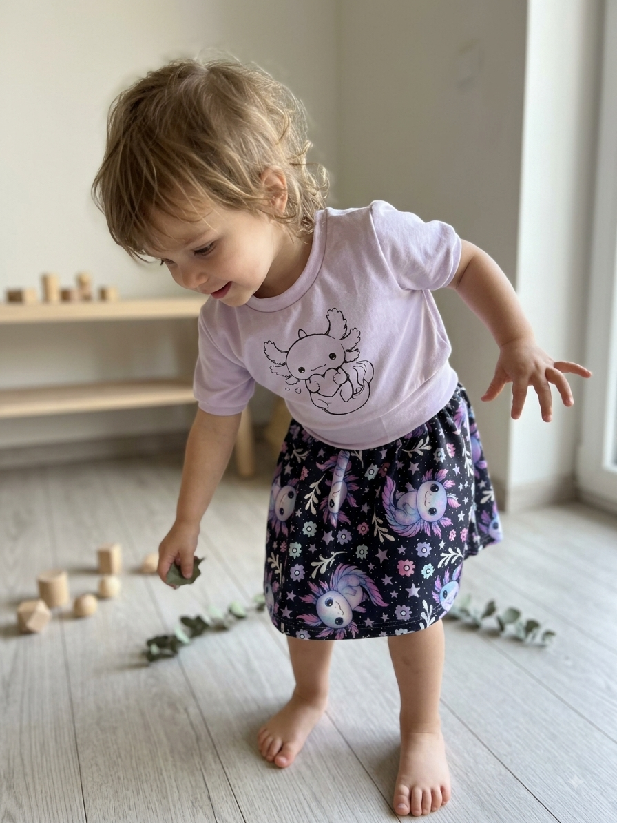 Nahaufnahme des Axolotl-Bügelbilds auf dem lila Sweater-Oberteil aus Jersey