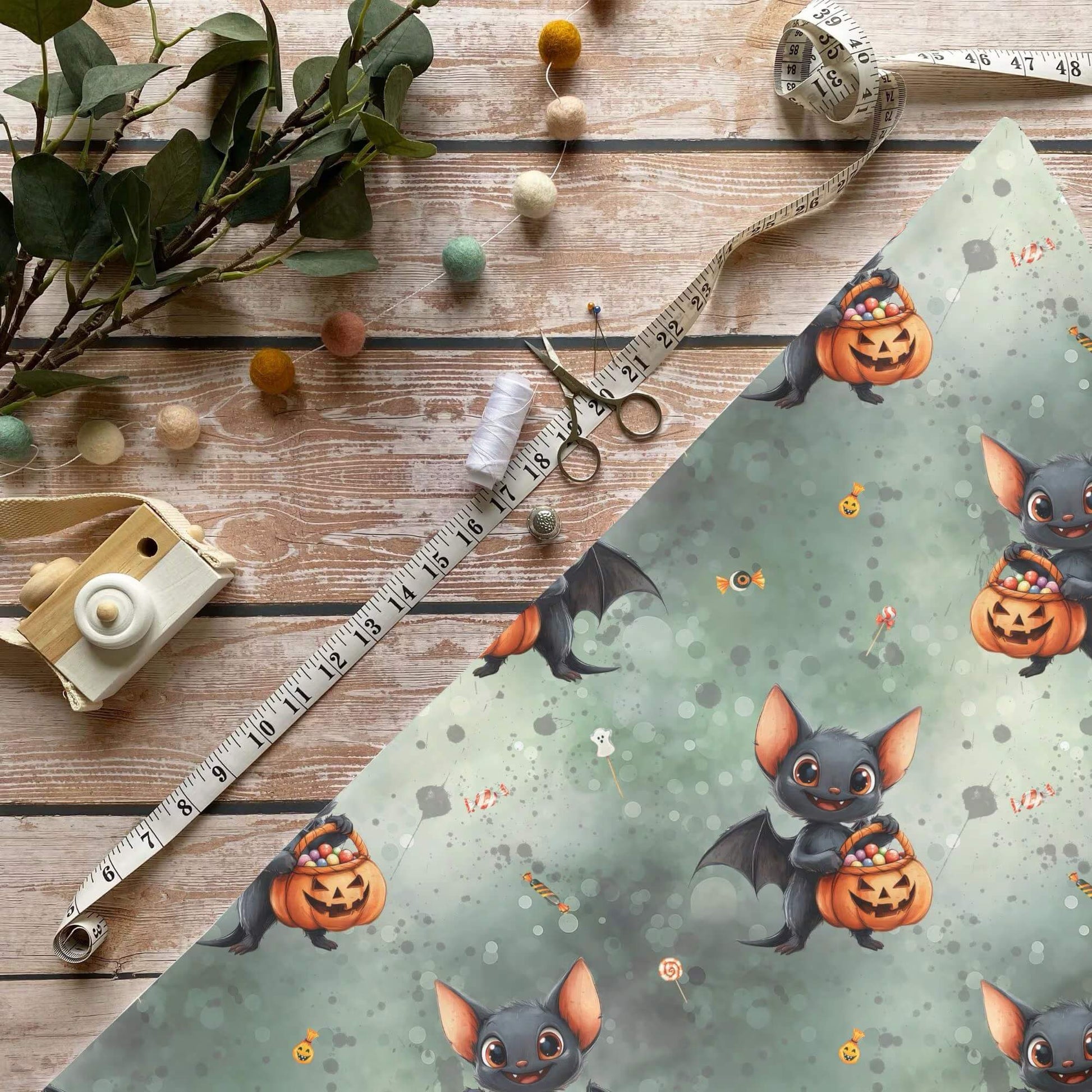 Fledermaus Halloween French Terry 0,5m Sofortkauf Kinderstoff mit süßer Fledermaus und Kürbis OEKO-TEX Standard 100
