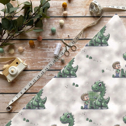Dino Baumeister Stoff Meterware mit grünem Dinosaurier für Kinderkleidung und Babykleidung
