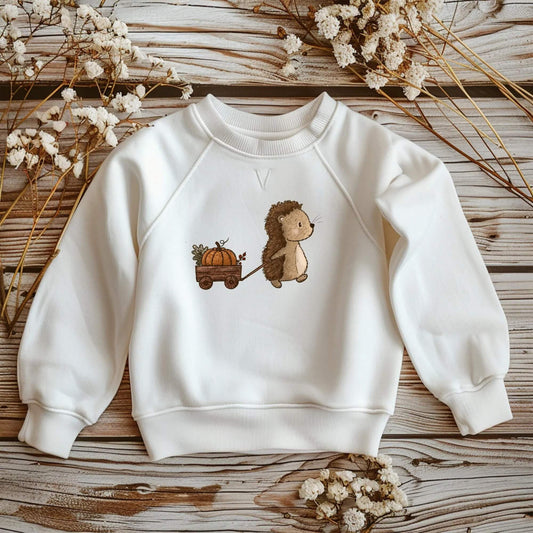 Weißes Kinder-T-Shirt mit DTF Bügelbild Igel mit Bollerwagen und Kürbis, Herbst Bügelmotiv 13x17 cm
