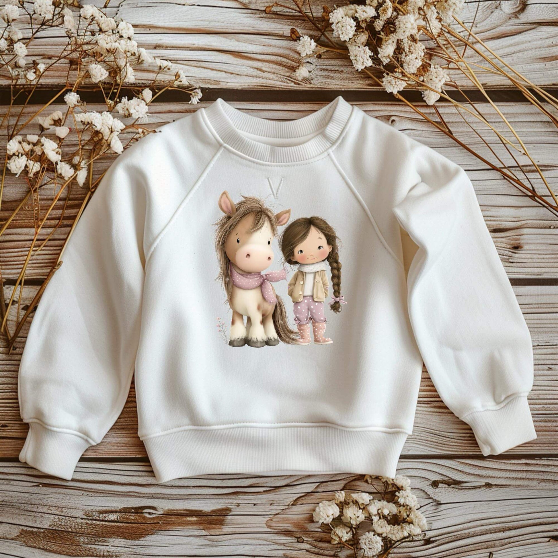 Winter Pferdemädchen DTF Bügelbild 17x15 cm auf weißem Kinder T-Shirt
