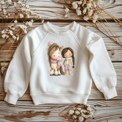 Winter Pferdemädchen DTF Bügelbild 17x15 cm auf weißem Kinder T-Shirt
