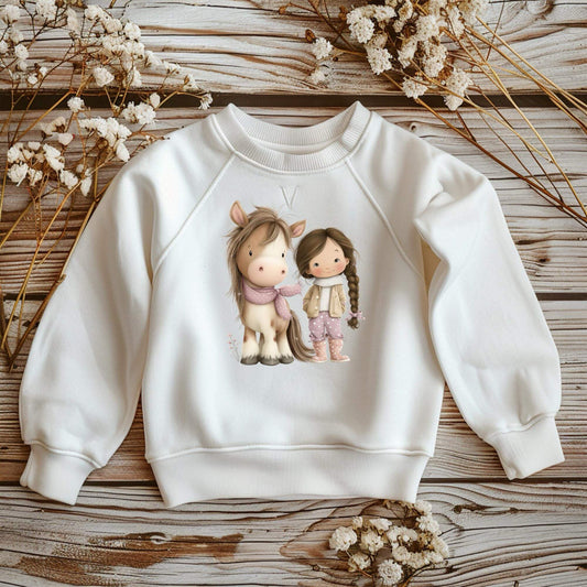 Winter Pferdemädchen DTF Bügelbild 17x15 cm auf weißem Kinder T-Shirt
