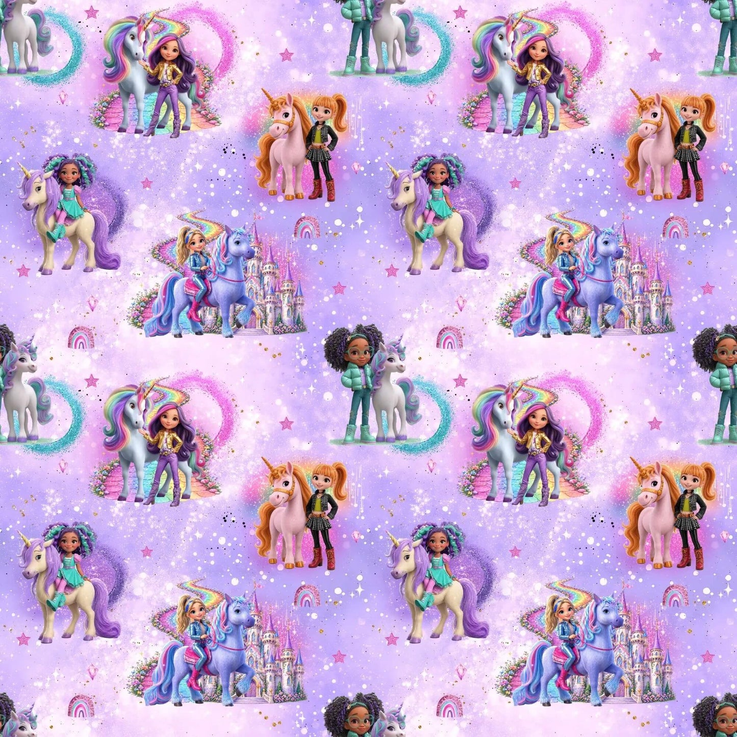 French Terry Stoff Magisches Einhorn Lila mit Einhorn, Schloss und Regenbogen als Stoff Meterware
