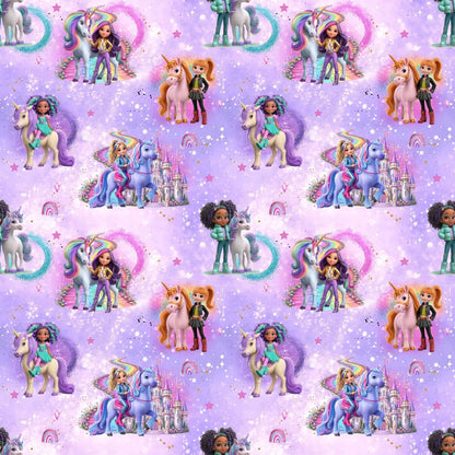 French Terry Stoff Magisches Einhorn Lila mit Einhorn, Schloss und Regenbogen als Stoff Meterware
