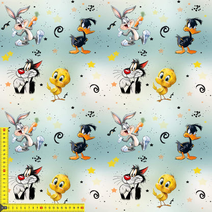 Jersey Stoff Comicfreunde als Stoff Meterware mit bunten Comicmotiven
