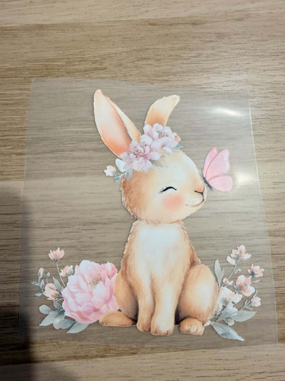 DTF Bügelbild Hase mit Blumen für Shirt Body Kinder

