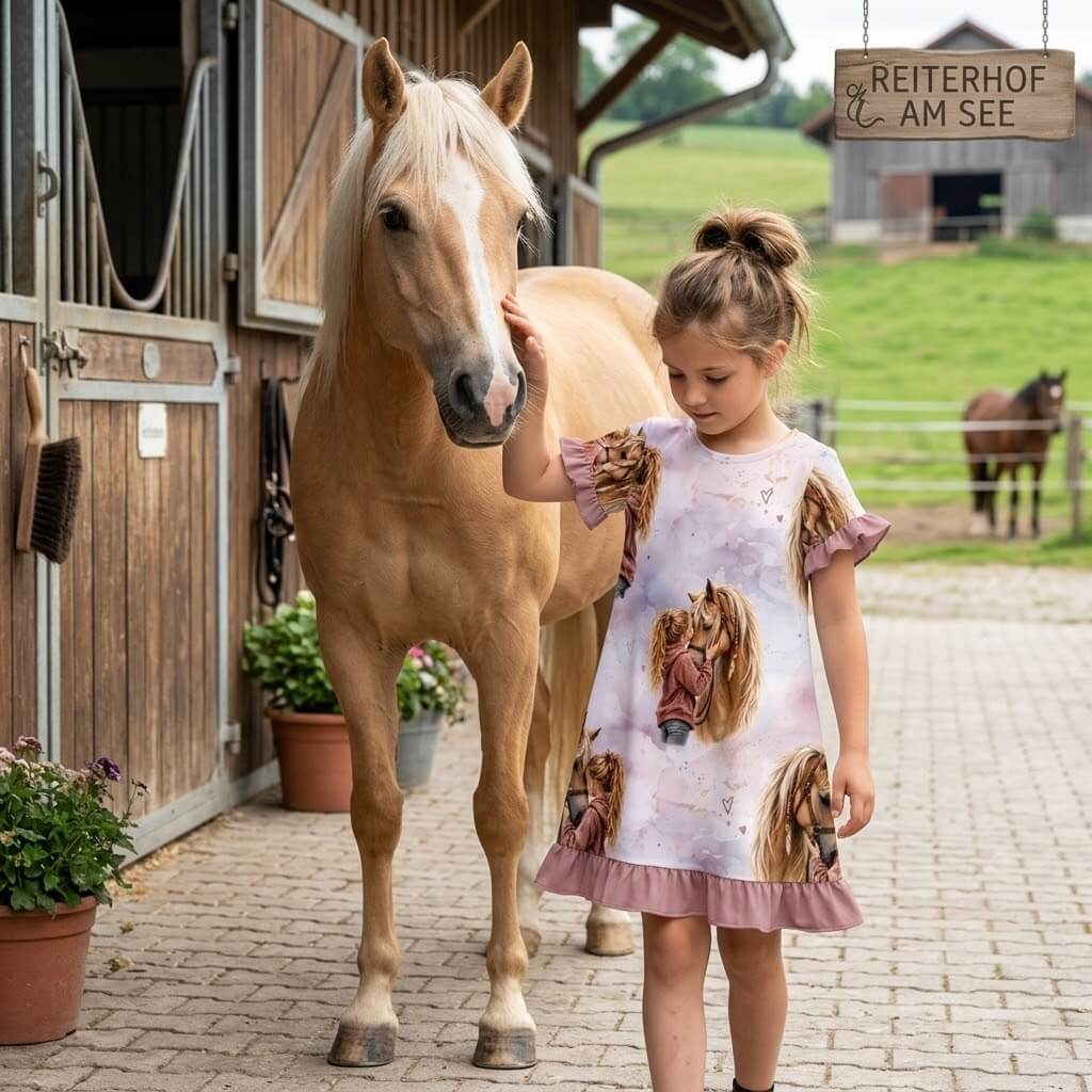 Herzenspferd Mädchenstoff Lifestyle-Szene mit Pferde-Kuscheltier und Deko-Herzen im Kinderzimmer, OEKO-TEX 100 French Terry Mädchenstoff Deko-Szene