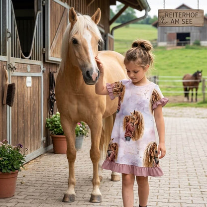 Herzenspferd Mädchenstoff Lifestyle-Szene mit Pferde-Kuscheltier und Deko-Herzen im Kinderzimmer, OEKO-TEX 100 French Terry Mädchenstoff Deko-Szene