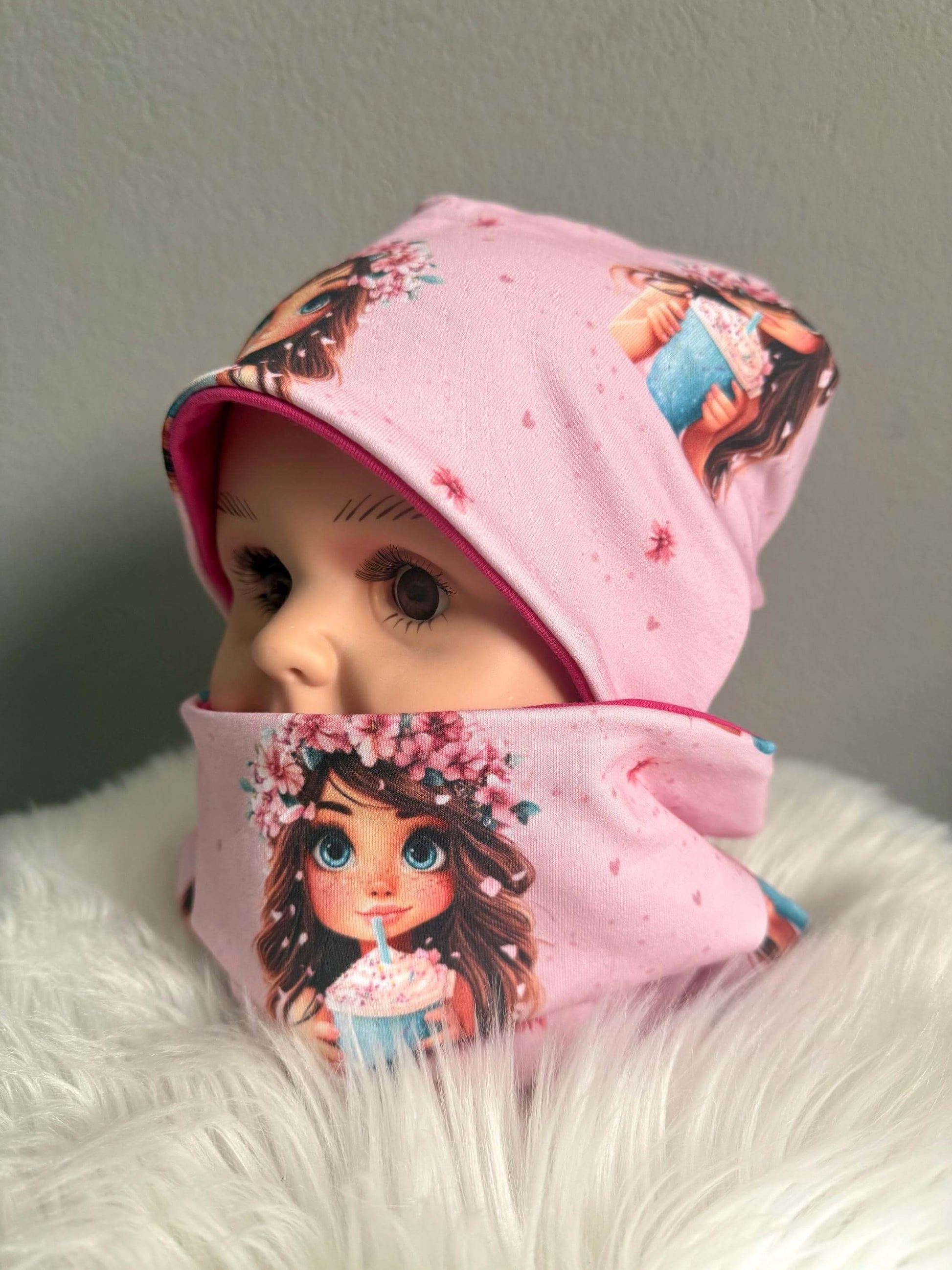 Rosa French Terry Beanie Größe 52–54 mit Smoothie Mädchen Print
