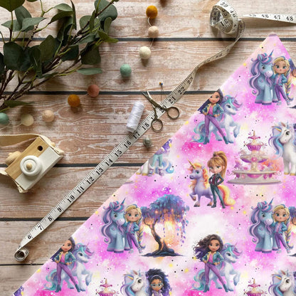 Rainbow Unicorn Girl French Terry – hochwertiger Kinderstoff mit Mädchen & Einhörnern

