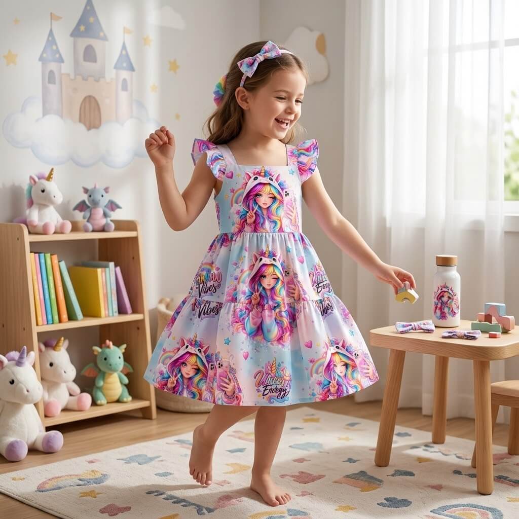 Rainbow Unicorn Vibes Mädchenstoff Lifestyle-Szene mit Einhorn-Kuscheltier und Regenbogen-Deko im Kinderzimmer, OEKO-TEX 100 French Terry Mädchenstoff Deko-Szene