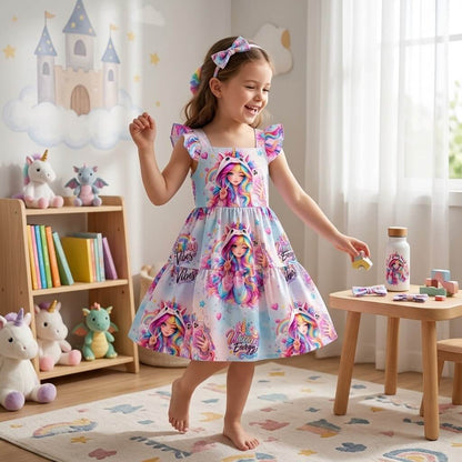 Rainbow Unicorn Vibes Mädchenstoff Lifestyle-Szene mit Einhorn-Kuscheltier und Regenbogen-Deko im Kinderzimmer, OEKO-TEX 100 French Terry Mädchenstoff Deko-Szene