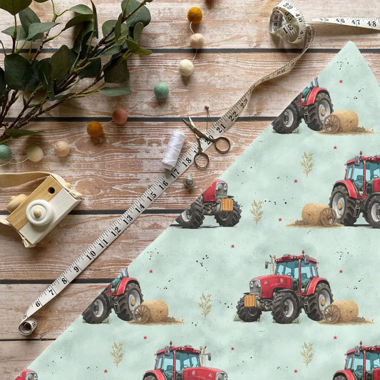 Kinderstoffe Meterware Feldabenteuer Traktor Heuballen Mint Baumwolle