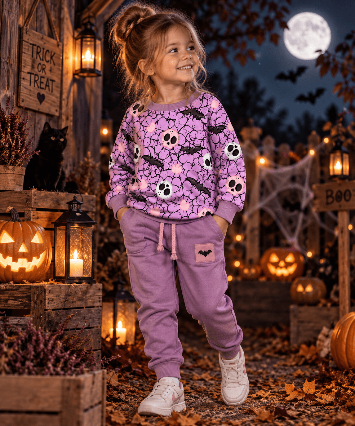 Skull Love Mädchenstoff Lifestyle-Szene mit Kürbislaterne und Halloween-Deko, OEKO-TEX 100 Jersey Mädchenstoff Deko-Szene