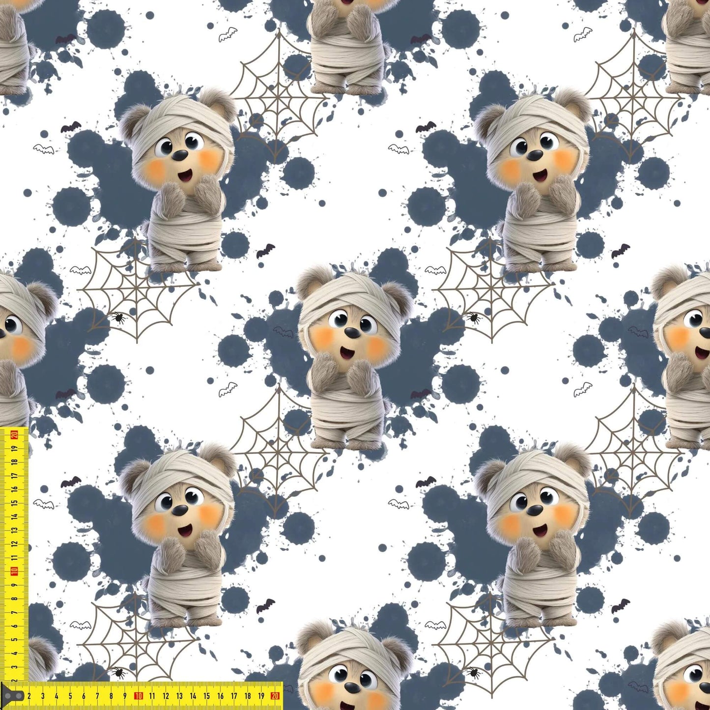 French Terry Mumien Bär Kinderstoffe OEKO-TEX zertifizierte Meterware mit Spinnennetz und Halloween Motiv
