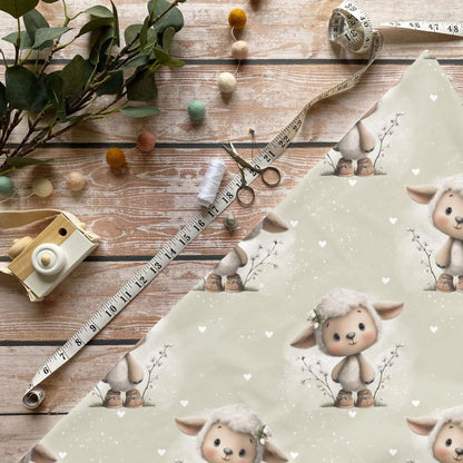 Schäfchen Stoff Meterware mit niedlichem Schaf und zarten Blüten
