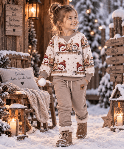 Winterliche Herzensfreunde Lifestyle-Szene mit Laterne und Weihnachtsdeko im Schnee, OEKO-TEX 100 Jersey Weihnachtsstoff Deko-Szene