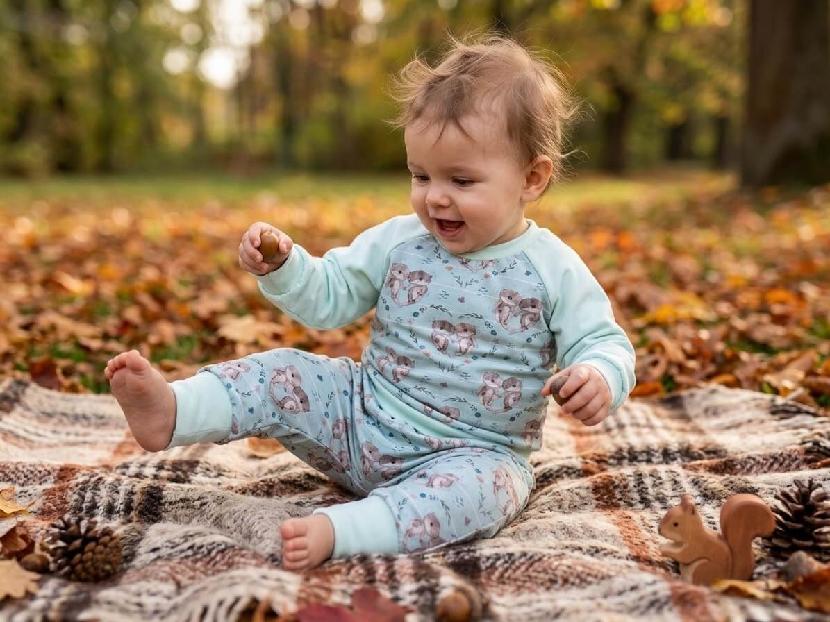 Baby trägt türkises Otter-Set aus Pullover und Pumphose Gr. 74 beim Spielen im Herbstlaub