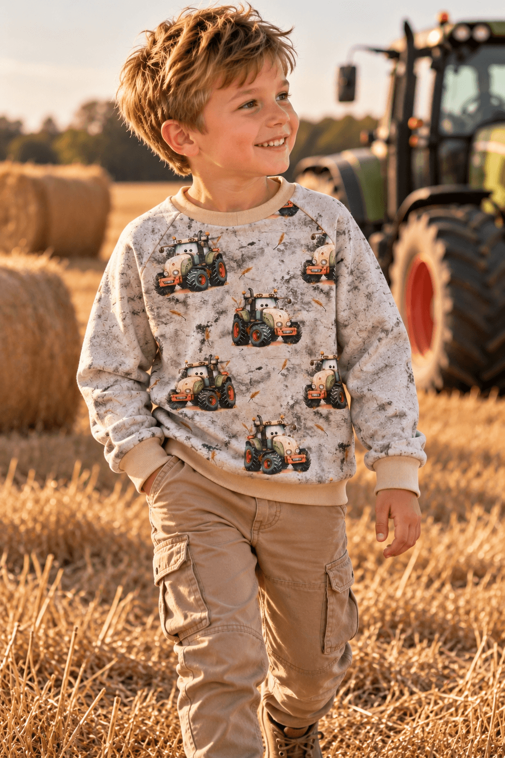 Junge trägt grauen Raglan Pullover mit Traktor-Eigendesign im Getreidefeld vor einem echten Traktor