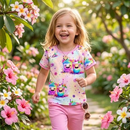 Rainbow Smoothies Mädchenstoff Lifestyle-Foto im blühenden Garten mit Sonnenbrille, OEKO-TEX 100 Jersey Mädchenstoff Deko-Szene