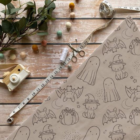 Spooky Skizzen Kinderstoff Meterware mit Gespenst, Hexenkatze und Fledermaus Motiv, OEKO-TEX 100 Jersey Stoff für Baby- und Kindermode