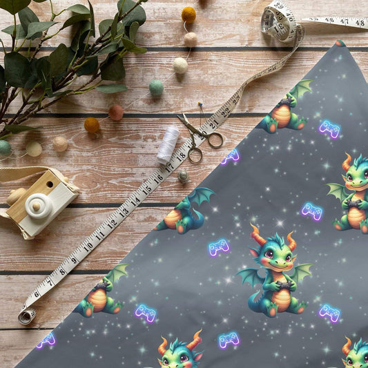 „Gamer Drache Stoff Meterware – ideal für Kinderkleidung & Gamingmotive“