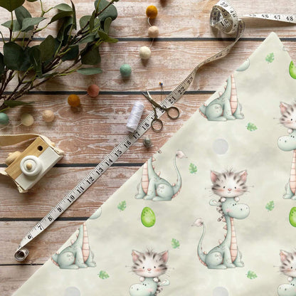 „Dino mit Katze Stoff Meterware – ideal für Kinderkleidung & Fantasieaccessoires“