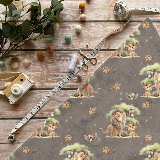 „Löwenfamilie Stoff Meterware – ideal für Kinderkleidung & Safariaccessoires“