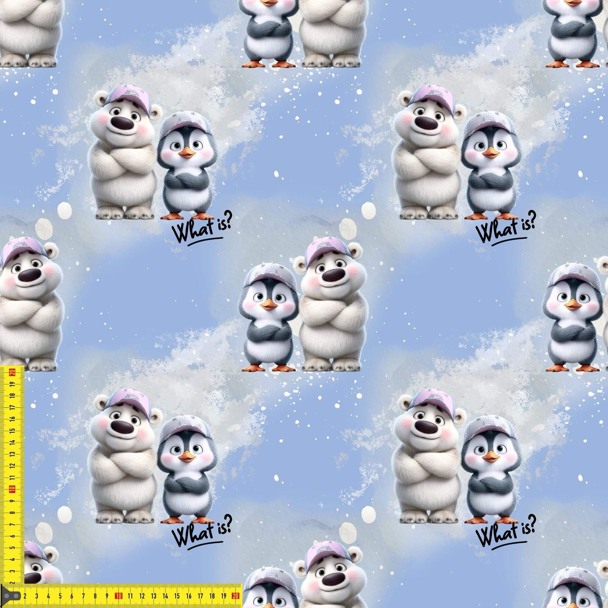 OEKO TEX Kinderstoff Eisbär Pinguin Meterware Maßband Ansicht
