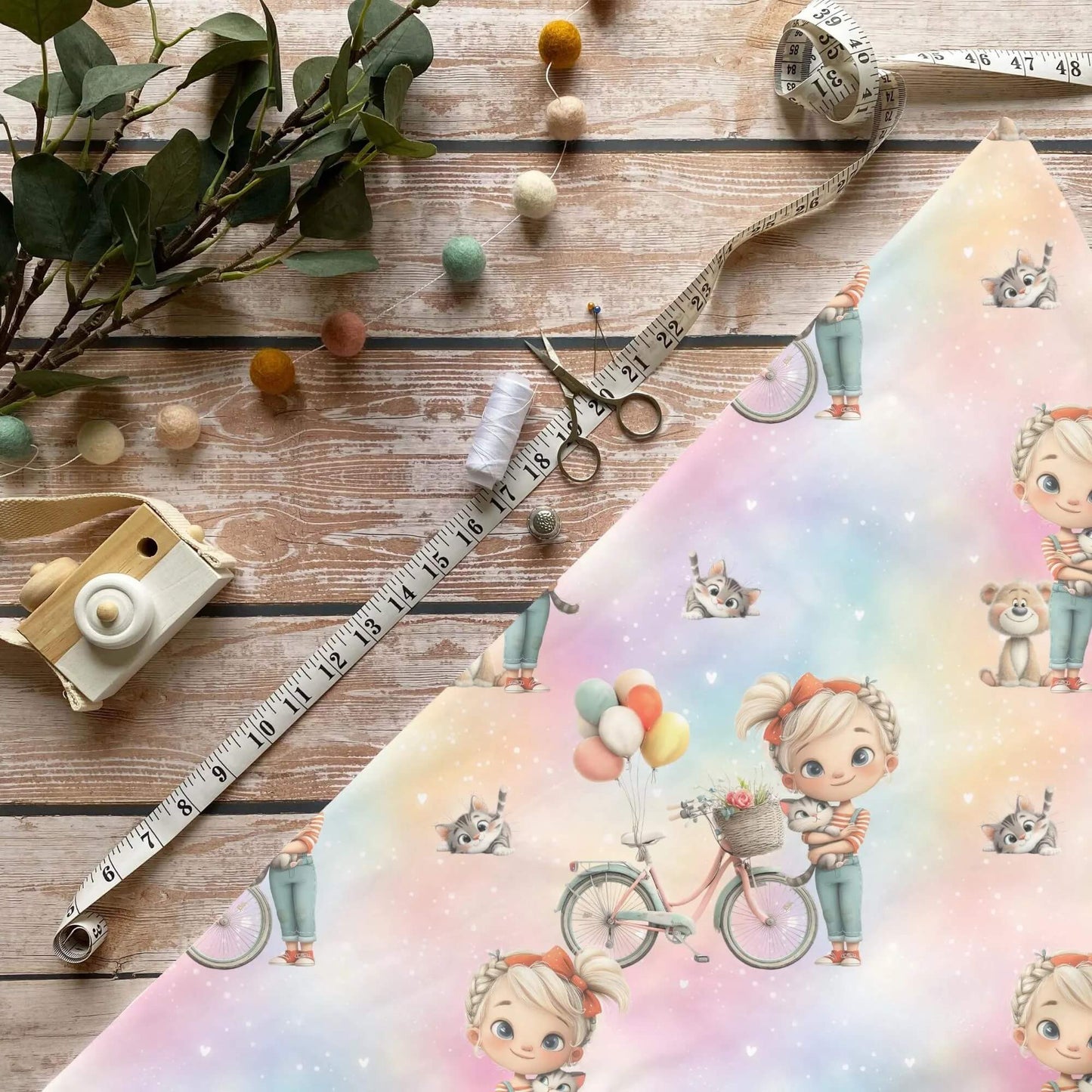 „Maedchen mit Fahrrad Stoff Meterware – ideal fuer Kinderkleidung & Fruehlingsaccessoires“