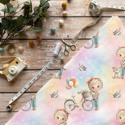 „Maedchen mit Fahrrad Stoff Meterware – ideal fuer Kinderkleidung & Fruehlingsaccessoires“