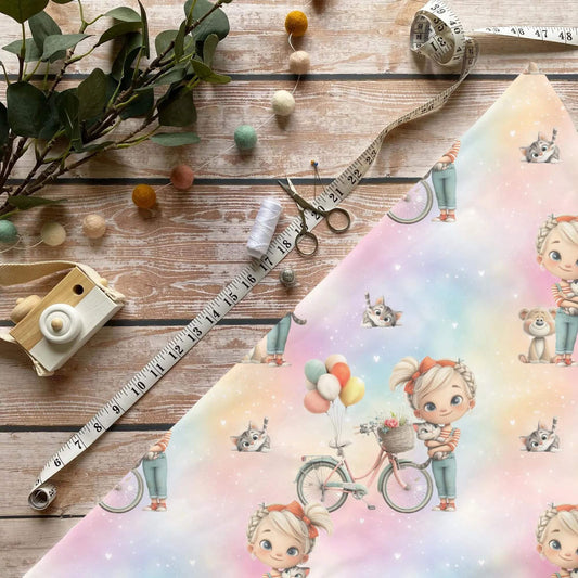 „Maedchen mit Fahrrad Stoff Meterware – ideal fuer Kinderkleidung & Fruehlingsaccessoires“