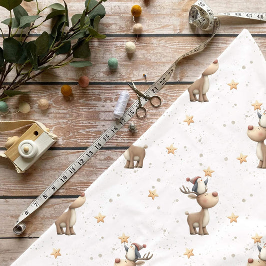 „Rentier & Pinguin Stoff Meterware – ideal für Kinderkleidung & Wintermotive“