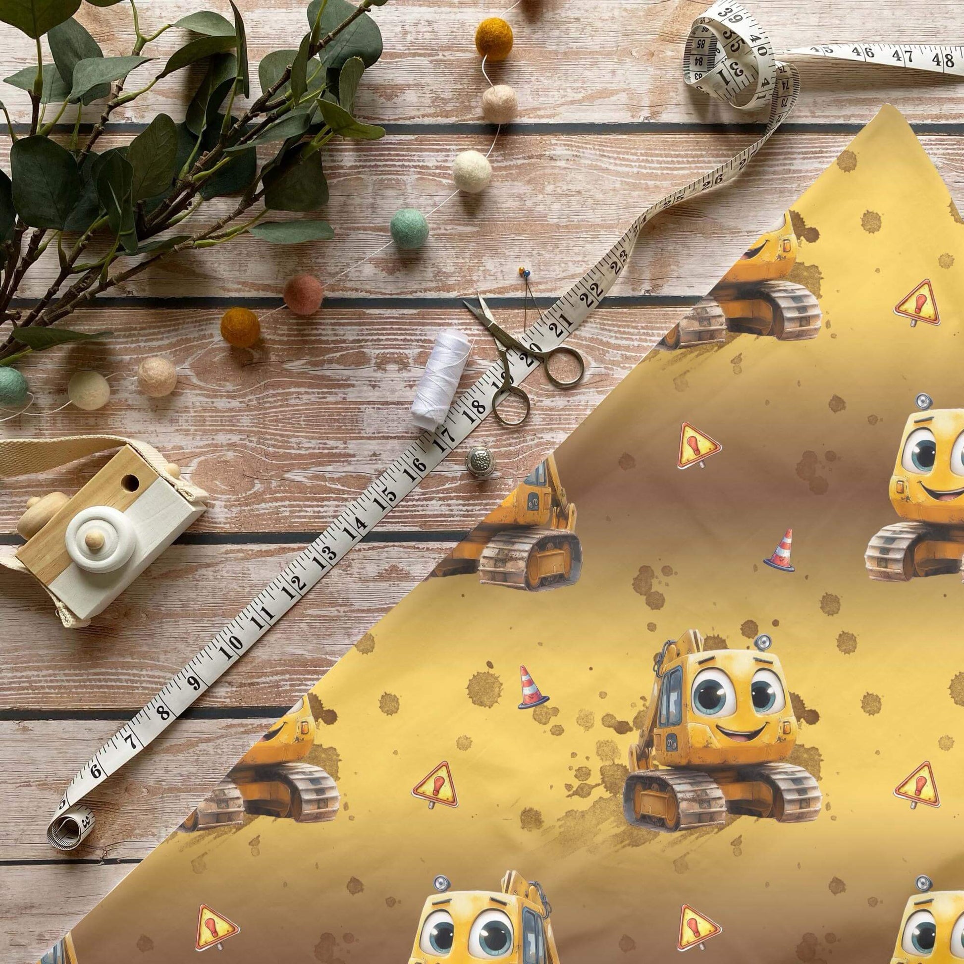 „Bagger Gelb Stoff Meterware – ideal für Kinderkleidung & Baustellenmotive“