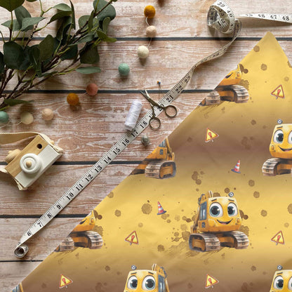 „Bagger Gelb Stoff Meterware – ideal für Kinderkleidung & Baustellenmotive“