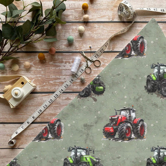 „Traktor Grün Stoff Meterware – ideal für Kinderkleidung & Bauernhofmotive“